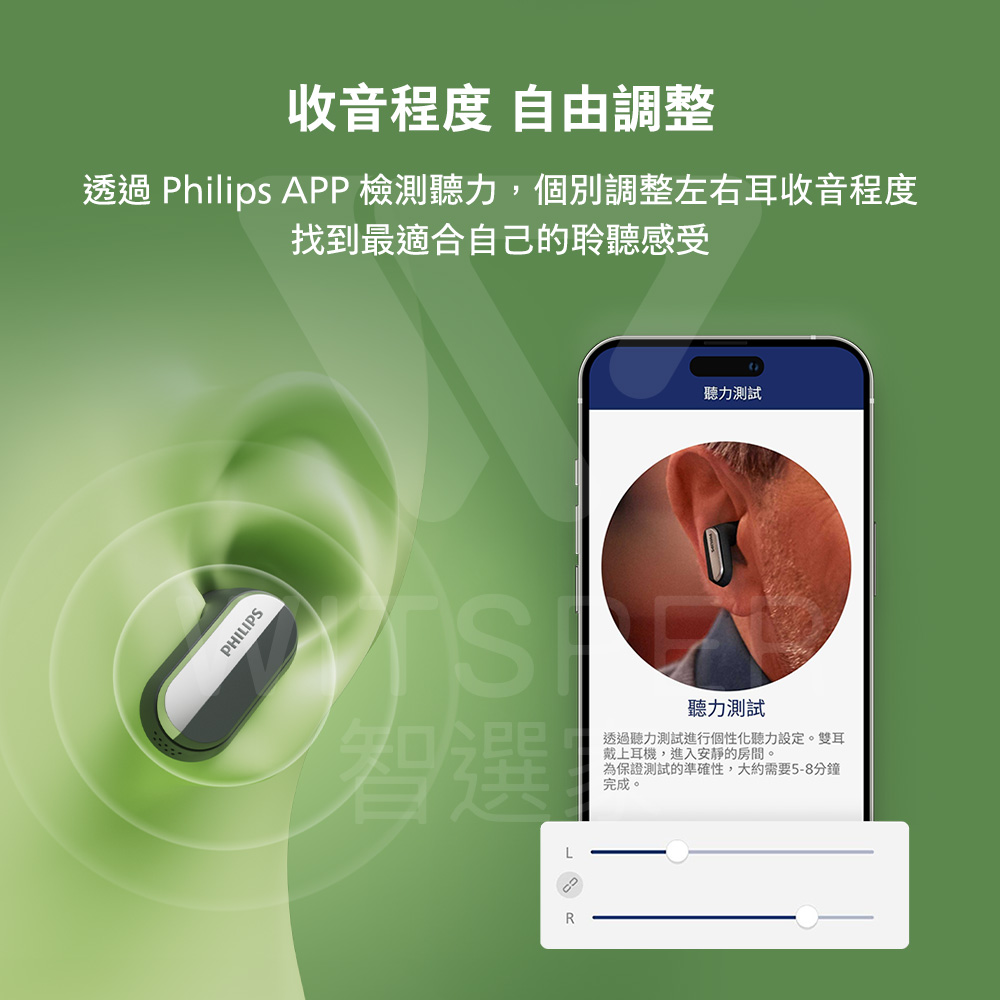 透過 Philips APP 檢測聽力,個別調整左右耳收音程度
