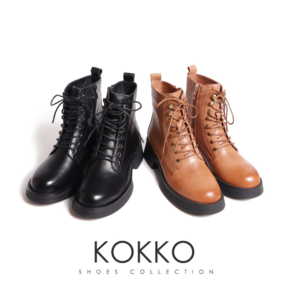 KOKKO 集團 個性帥氣厚底真皮綁帶軍靴(棕色)品牌優惠