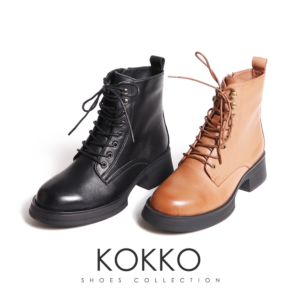 KOKKO 集團 個性帥氣厚底真皮綁帶軍靴(棕色)品牌優惠