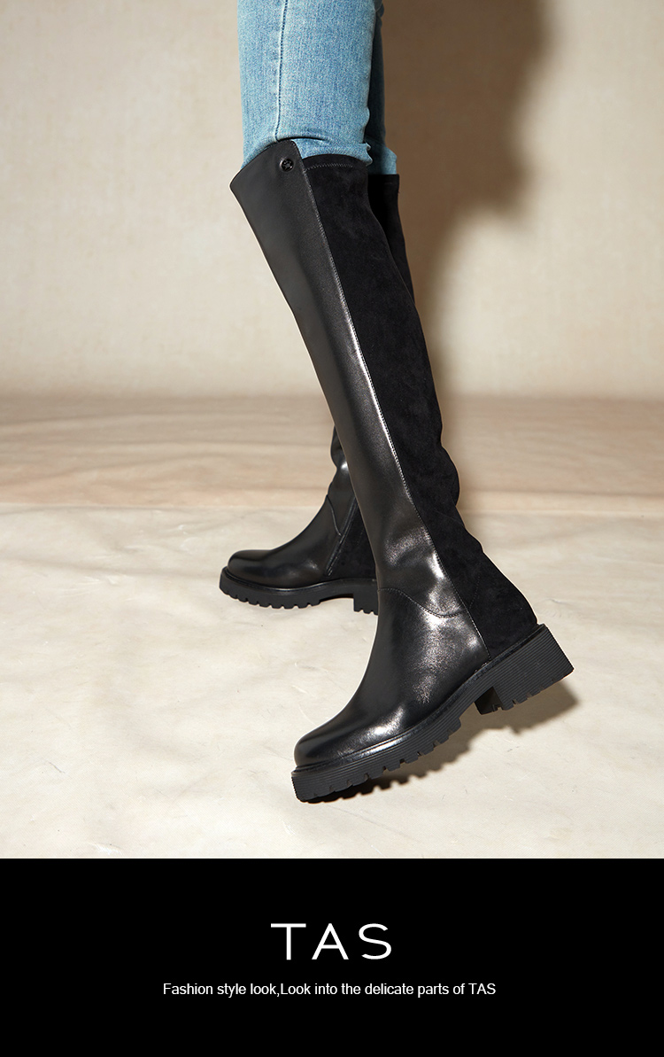 TAS 牛皮拼接彈力絨布厚底過膝靴(黑色)評價推薦