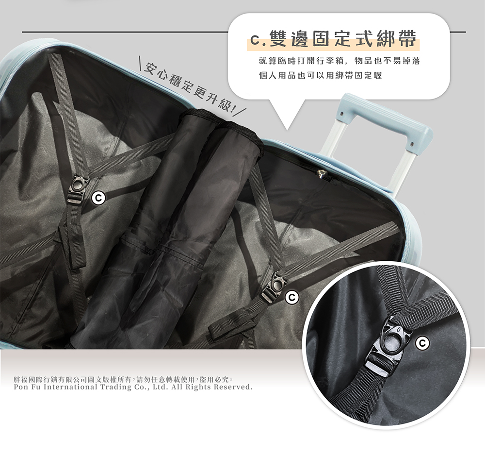 c.雙邊固定式綁帶 就算臨時打開行李箱,物品也不易掉落 個人用品也可以用綁帶固定喔 安心穩定更升級 胖福國際行銷有限公司圖文版權所有,請勿任意轉載使用,盜用必究。 