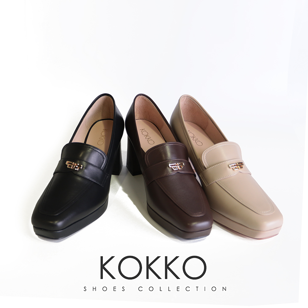 KOKKO 集團 俐落時尚手工方頭綿羊皮粗高跟樂福鞋(駝色)