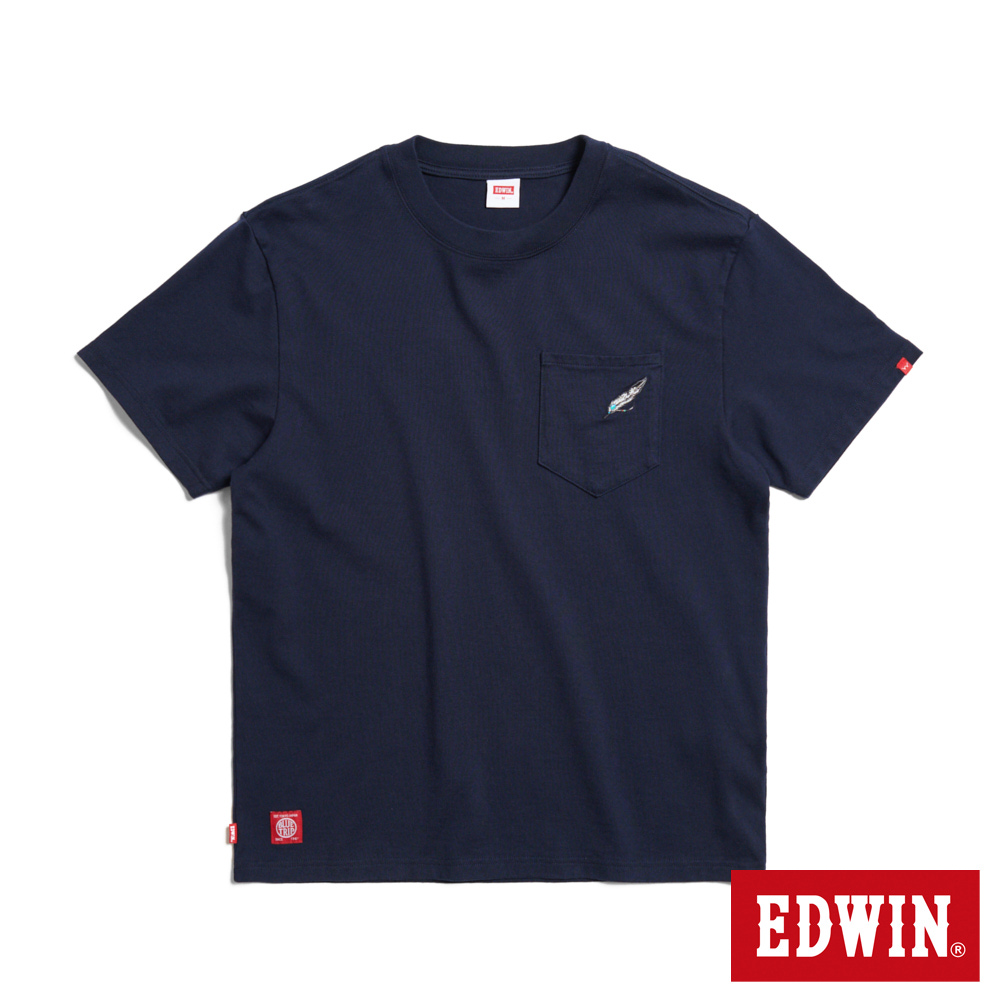 EDWIN 男裝 寬版口袋羽毛銀飾造型繡花短袖T恤(丈青色)