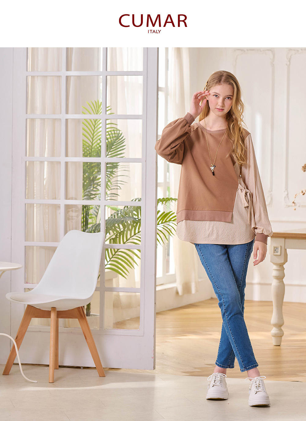 CUMAR 圓領異素材拼接假兩件長袖上衣(藍 深藍 咖/魅力 CUMAR 圓領異素材拼接假兩件長袖上衣(藍 深藍 咖/魅力