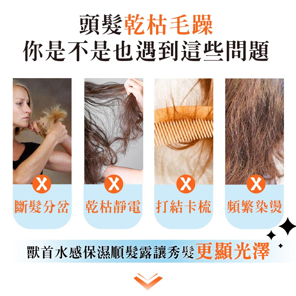 頭髮乾枯毛躁 你是不是也遇到這些問題 斷髮分岔 乾枯靜電 打結卡梳 頻繁染燙 獸首水感保濕順髮露讓秀髮更顯光澤 