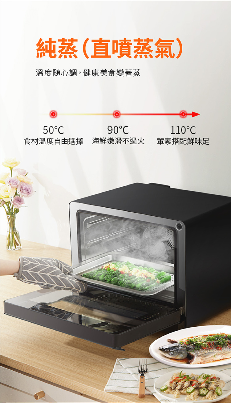 純蒸直噴蒸氣 溫度随心調,健康美食變著蒸 食材溫度自由選擇 海鮮嫩滑不過火 葷素搭配鮮味足 