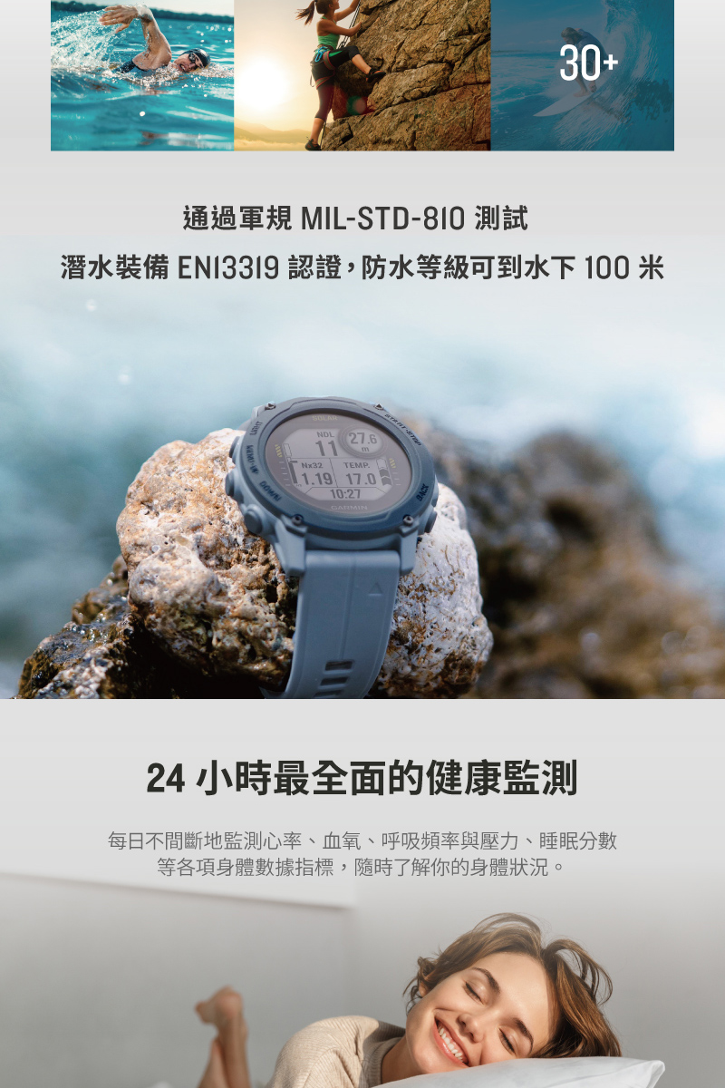 ééè»è¦ MILSTD810 æ¸¬è©¦ æ½æ°´è£å EN13319 èªè­,é²æ°´ç­ç´å¯å°æ°´ä¸ 100 ç±³ 24 å°ææå¨é¢çå¥åº·ç£æ¸¬ æ¯æ¥ä¸éæ·å°ç£æ¸¬å¿çãè¡æ°§ãå¼å¸é »çèå£åãç¡ç åæ¸ ç­åé èº«é«æ¸æææ¨,é¨æäºè§£ä½ çèº«é«çæ³ã 