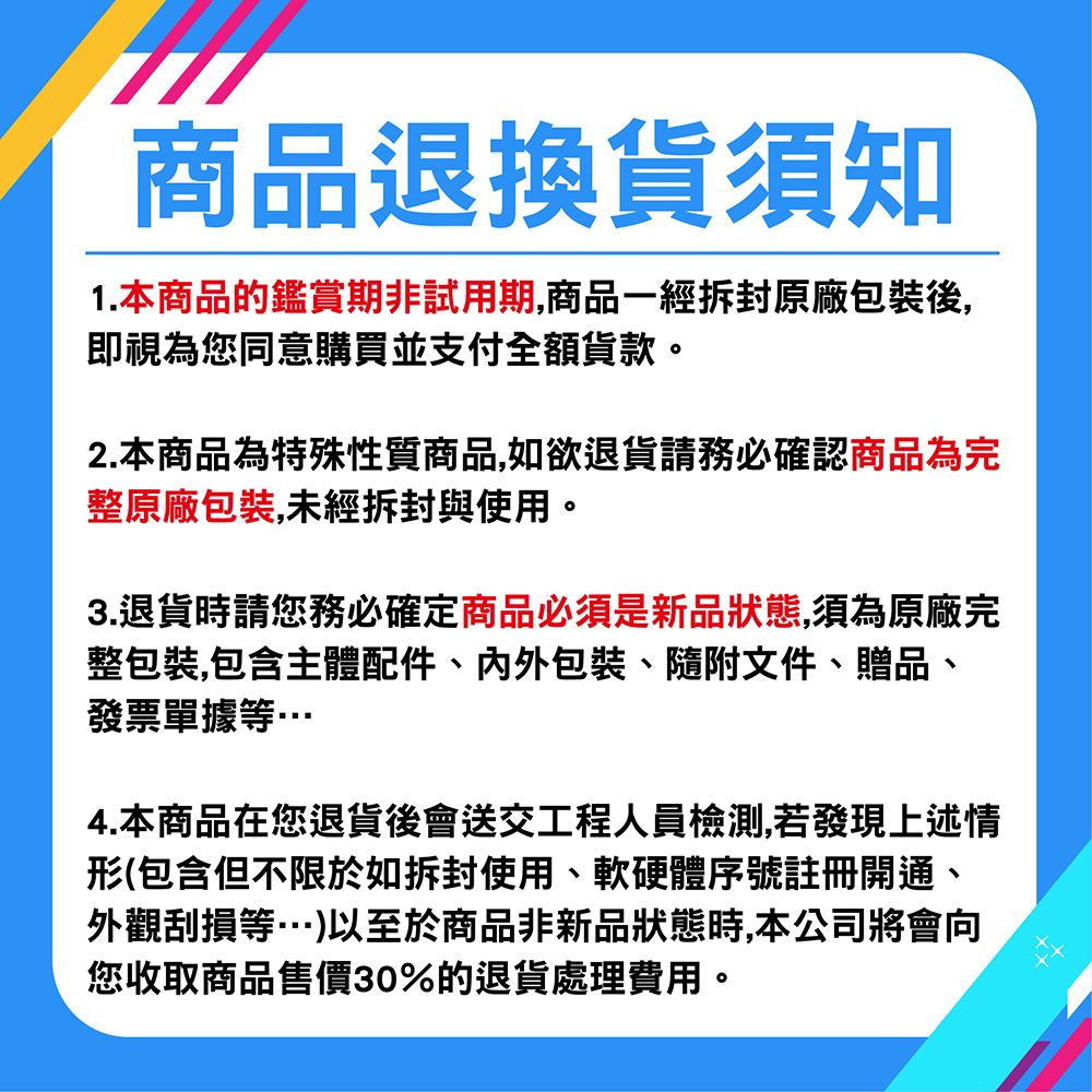 1.本商品的鑑賞期非試用期,商品一經拆封原廠包裝後,