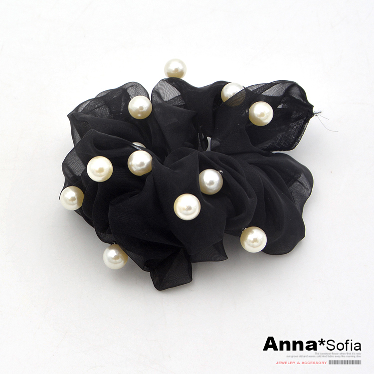 AnnaSofia 彈性髮束髮圈髮繩-珠綴歐根紗 現貨(透黑