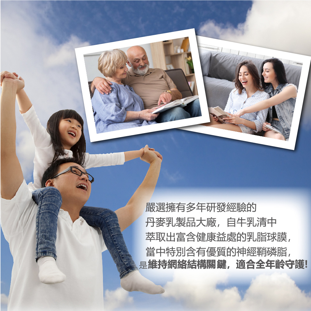 嚴選擁有多年研發經驗的 丹麥乳製品大廠,自牛乳清中 萃取出富含健康益處的乳脂球膜, 當中特別含有優質的神經鞘磷脂, 是維持網絡結構關鍵,適合全年齡守護 