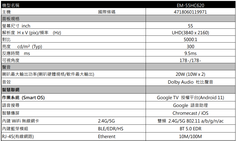 SAMPO 聲寶 55型 4K低藍光HDR智慧聯網顯示器(E