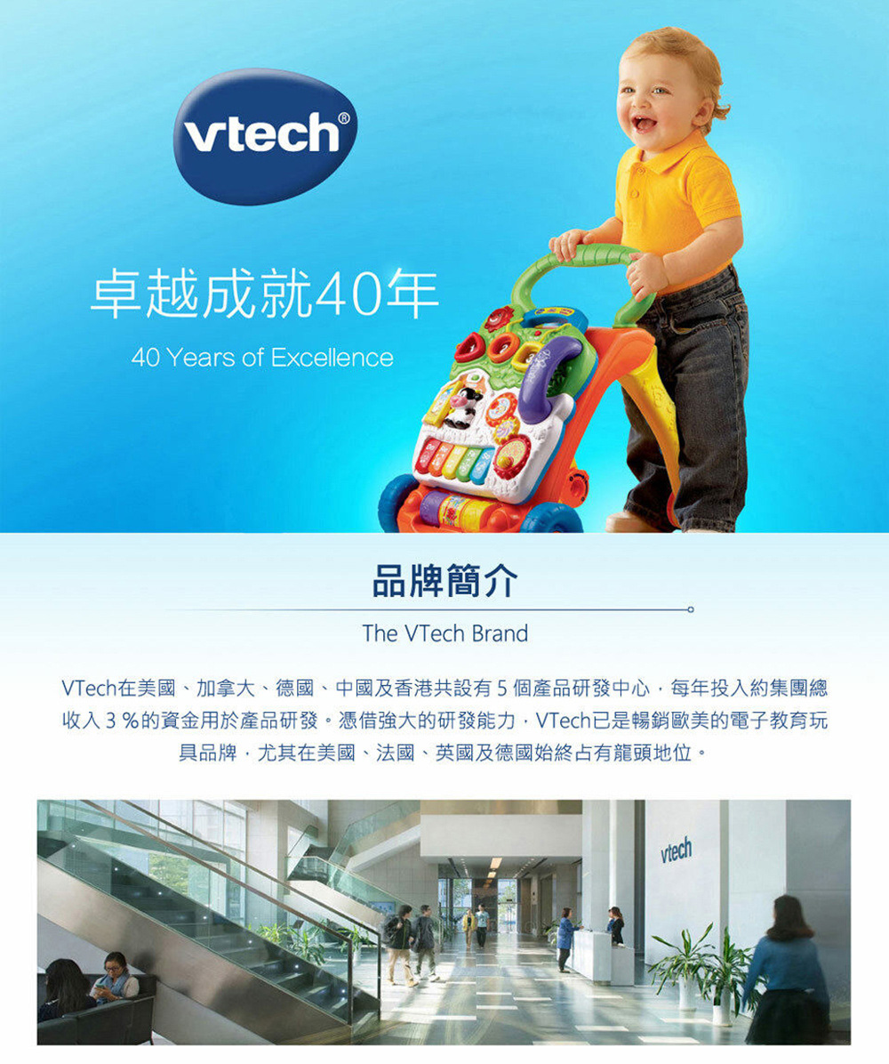 卓越成就40年 品牌簡介 VTech在美國、加拿大、德國、中國及香港共設有5個產品研發中心,每年投入約集團總 收入3%的資金用於產品研發。憑借強大的研發能力,VTech已是暢銷歐美的電子教育玩 具品牌,尤其在美國、法國、英國及德國始終占有龍頭地位。 