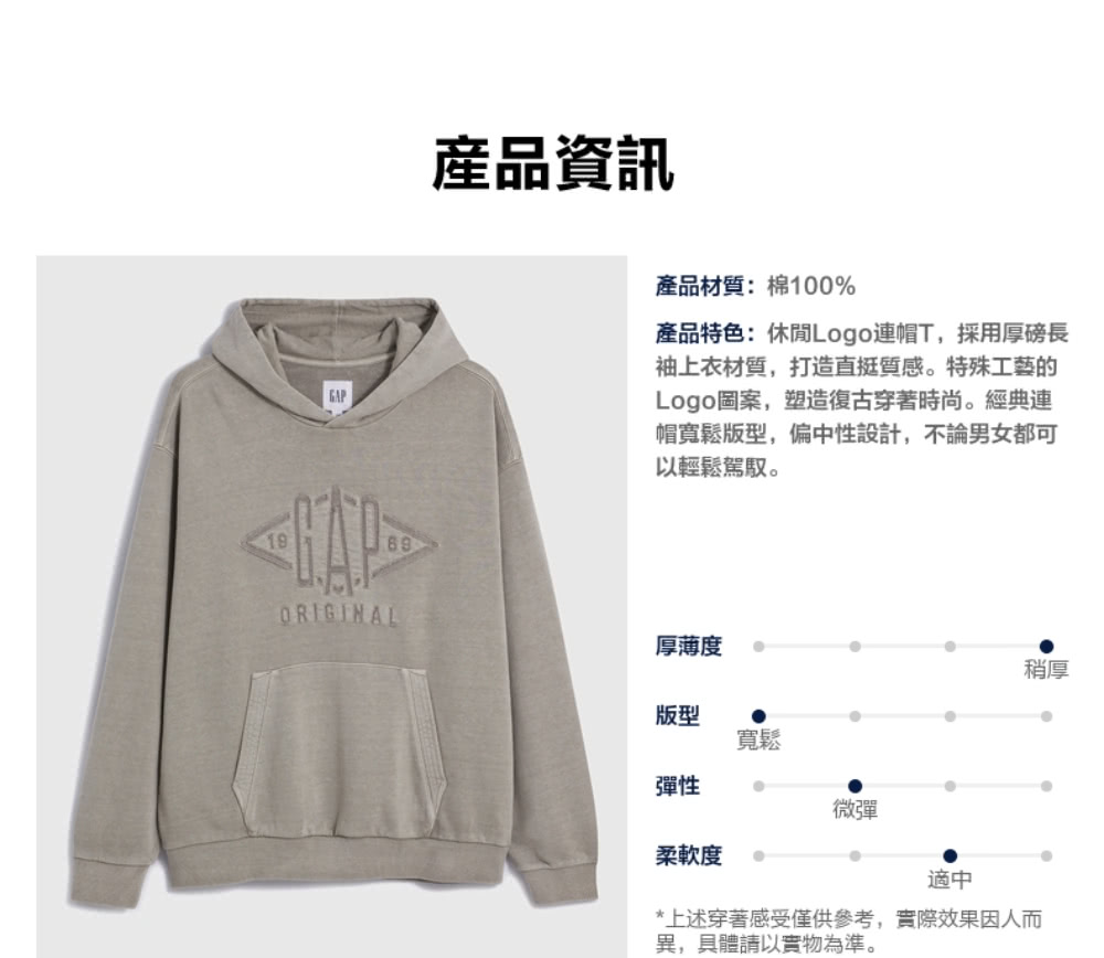 GAP 男裝 Logo純棉帽T-深灰色(837458)優惠推