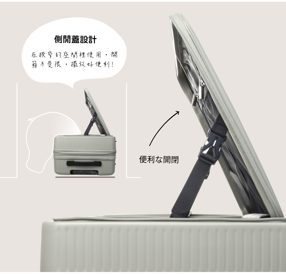 側開蓋設計 在狹窄的空間裡使用,開 箱不受限,擺放好便利 便利開閉 