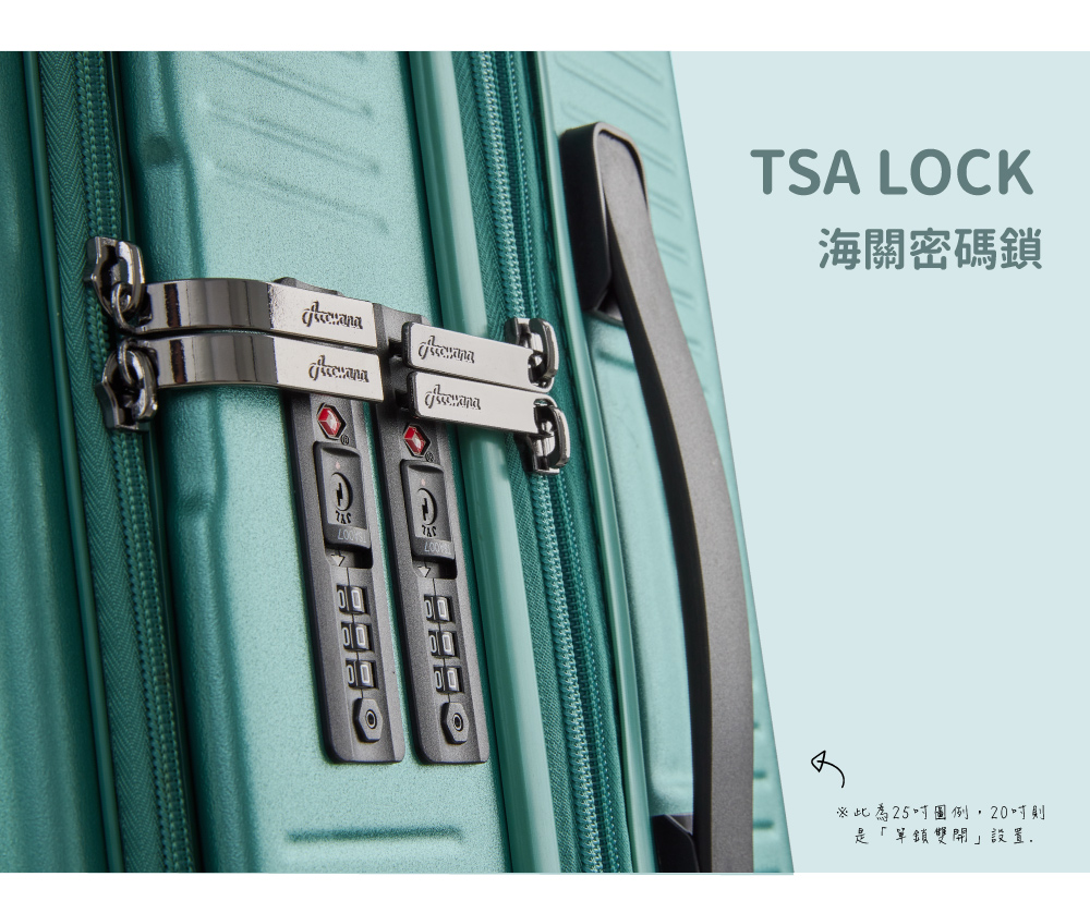 海關密碼鎖 此為25吋圖例,20吋則 是單鎖雙開設置. 