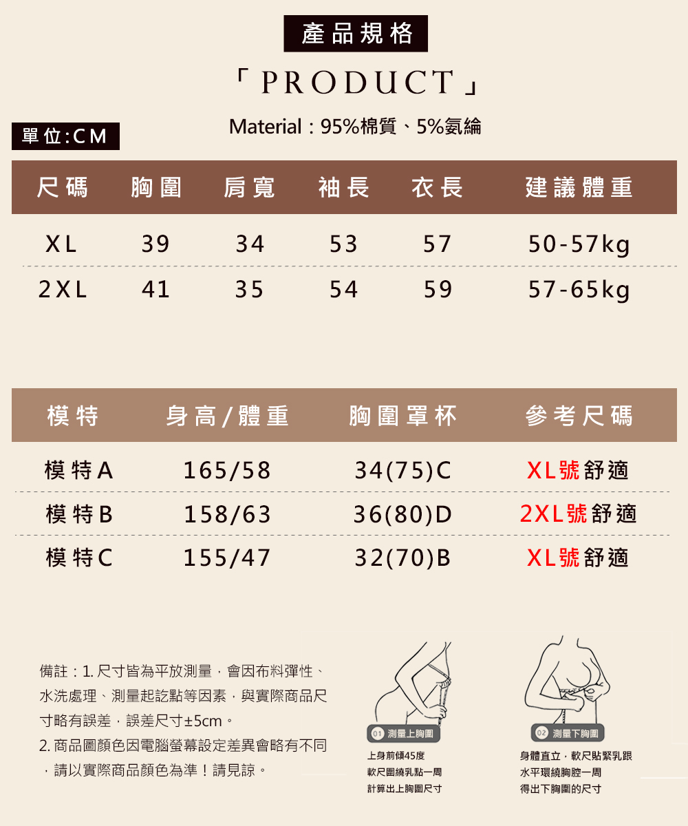 備註 1. 尺寸皆為平放測量,會因布料彈性、