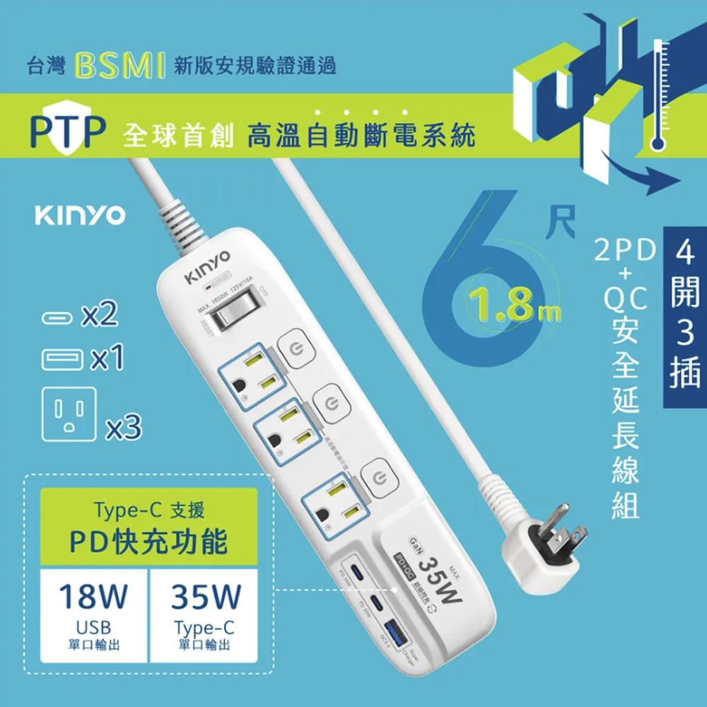 KINYO 35W氮化鎵3U電源分接器4開3插6呎電源線1.