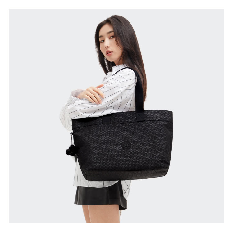 KIPLING官方旗艦館 經典黑菱格紋印花手提內夾層托特包-