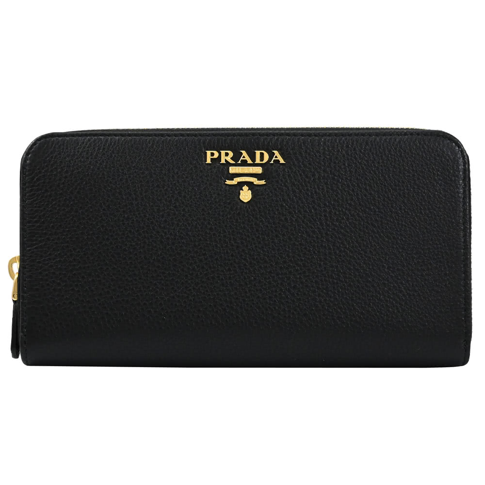 PRADA 普拉達 經典浮雕LOGO荔枝牛皮拉鍊發財零錢長夾