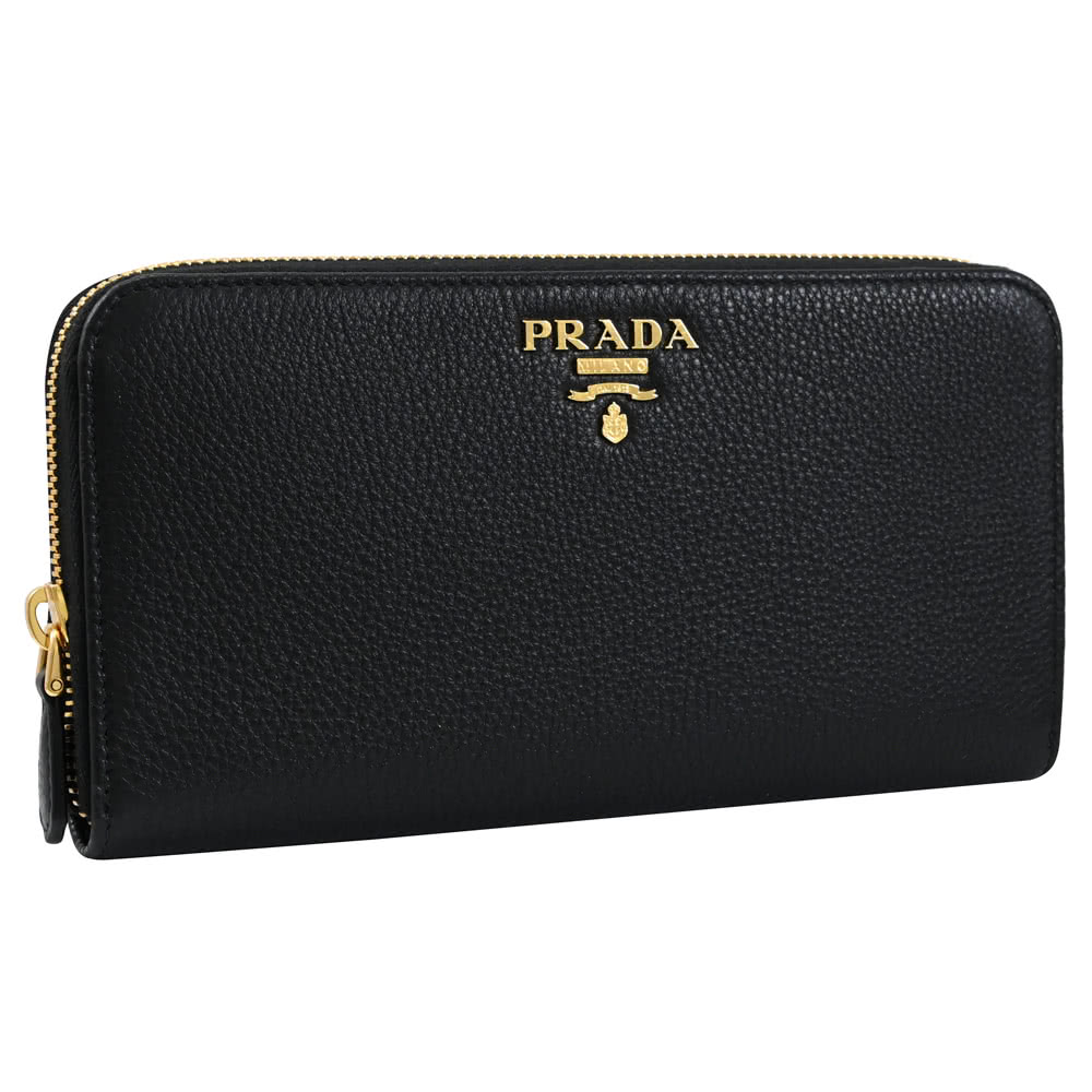 PRADA 普拉達 經典浮雕LOGO荔枝牛皮拉鍊發財零錢長夾