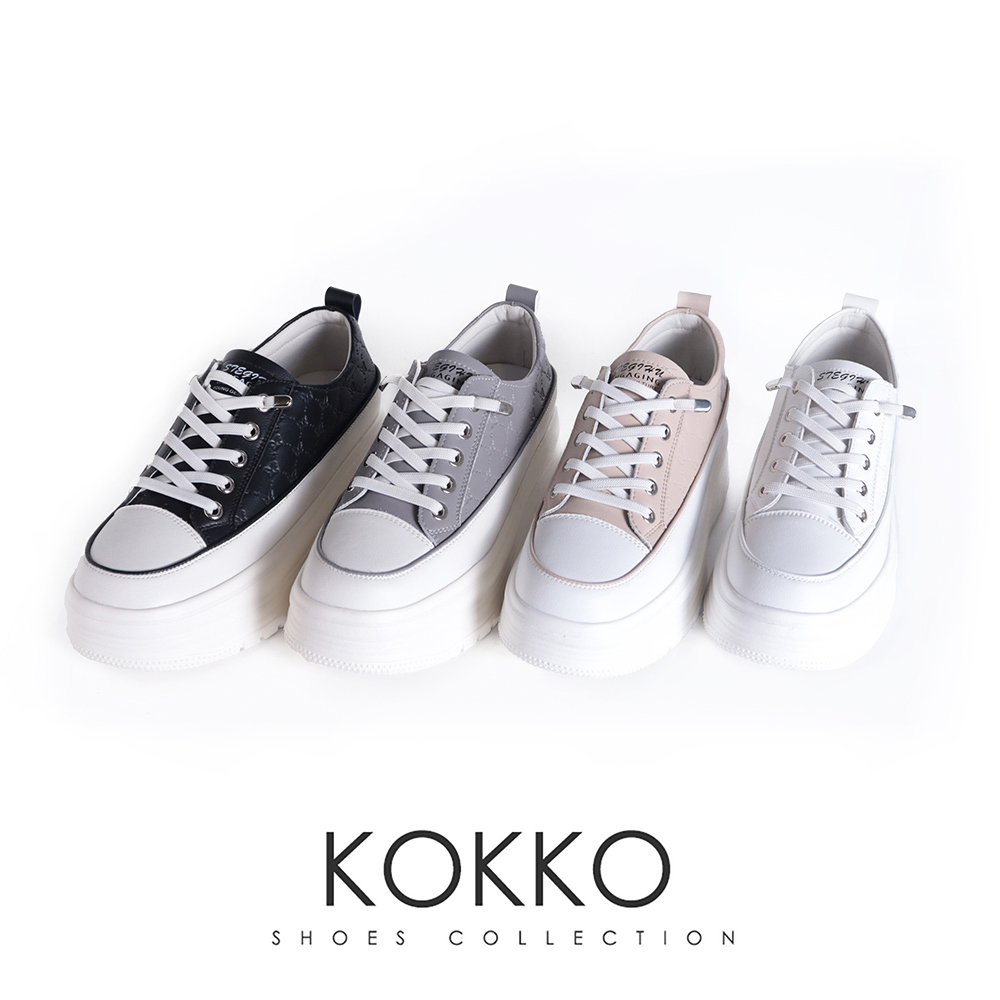 KOKKO 集團 超厚底增高軟Q鬆緊鞋帶休閒鞋(淺灰色)評價