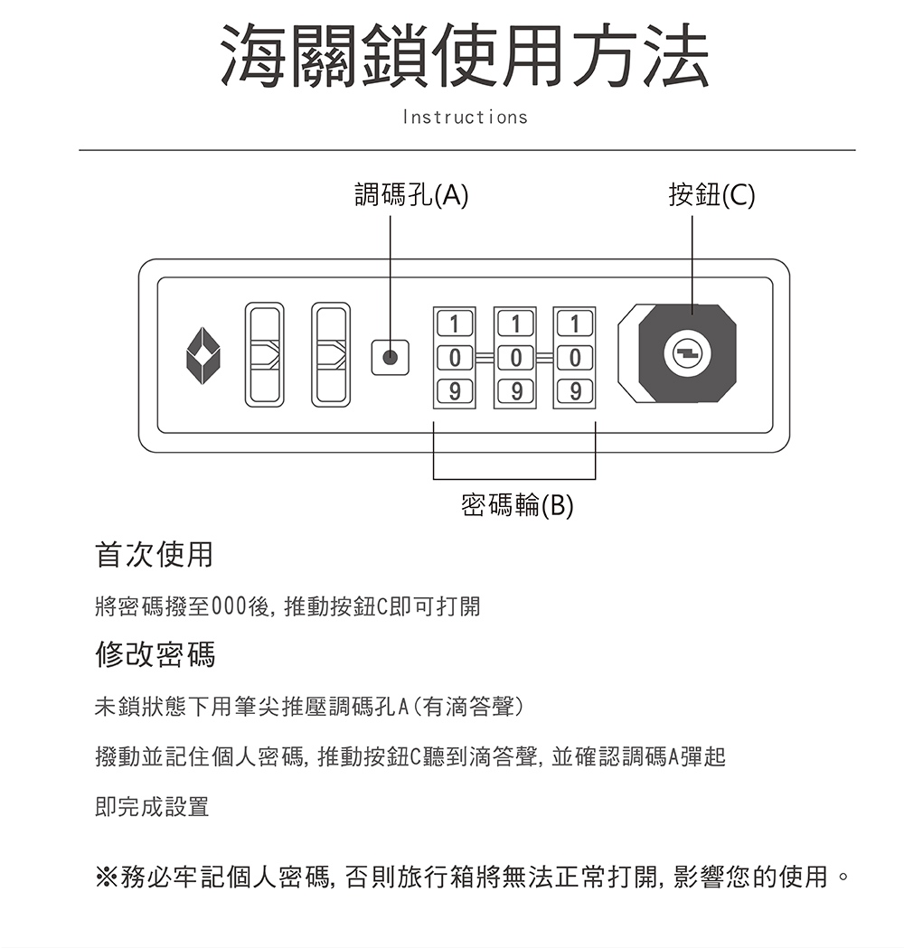 撥動並記住個人密碼, 推動按鈕C聽到滴答聲, 並確認調碼A彈起