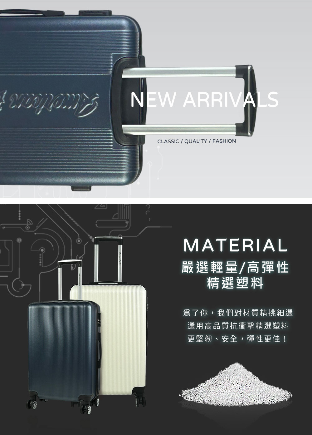 嚴選輕量高彈性 精選塑料 爲了你,我們對材質精挑細選 選用高品質抗衝擊精選塑料 更堅韌、安全,彈性更佳