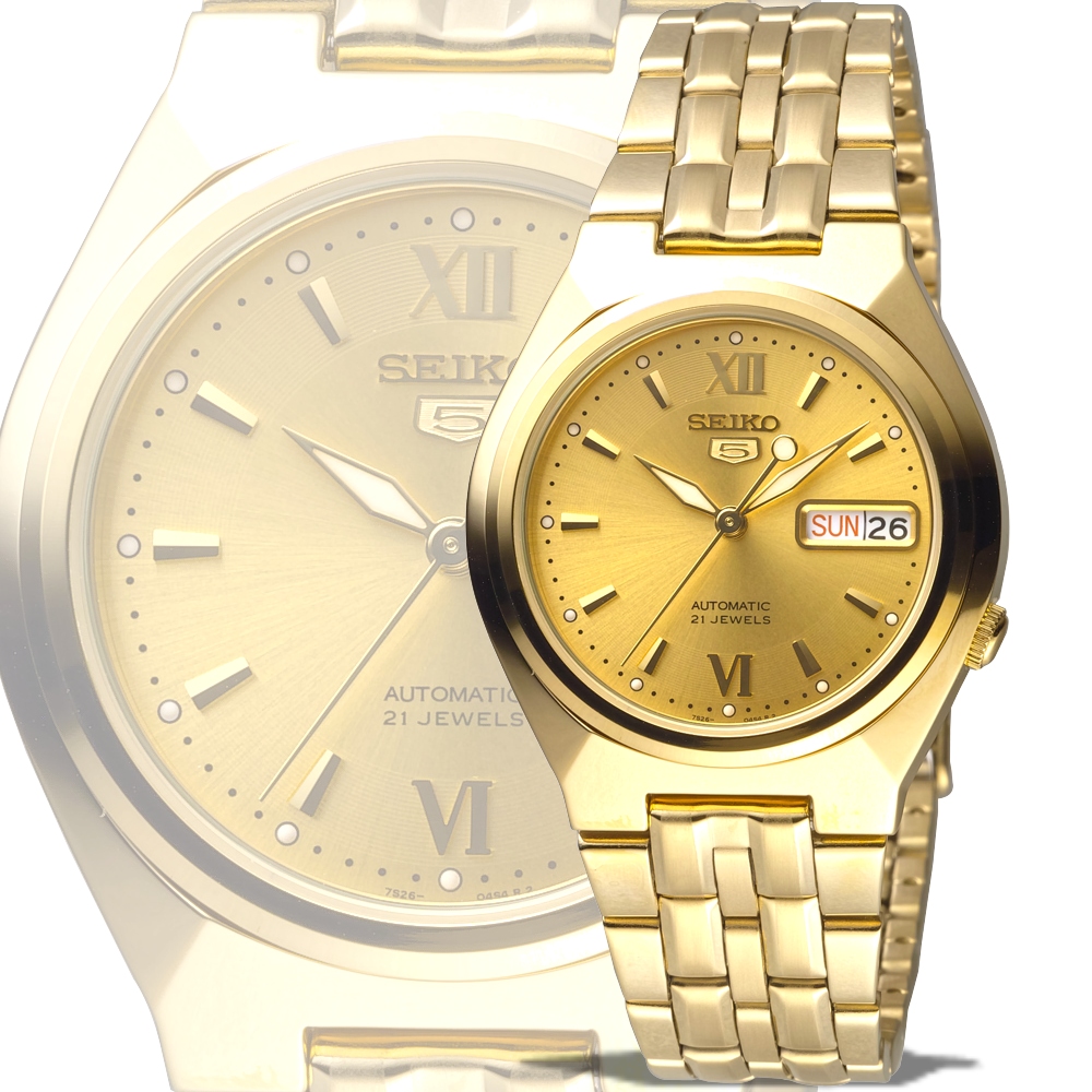SEIKO 精工 手錶 新貴經典5號自動機械腕錶-全IP金/