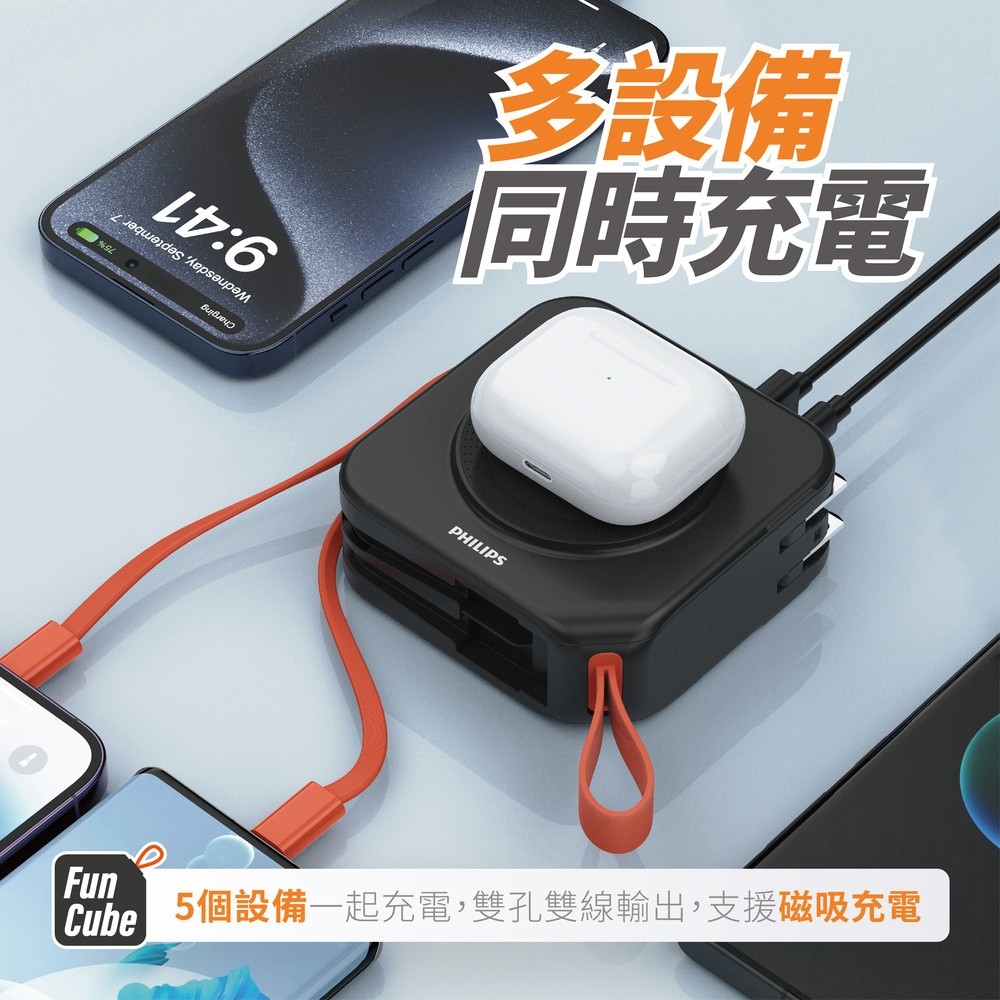 多設備 同時充電 5個設備一起充電,雙孔雙線輸出,支援磁吸充電 