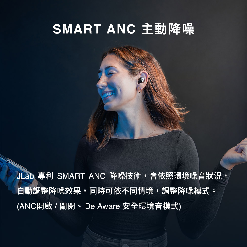SMART ANC 主動降噪 JLab 專利 SMART ANC 降噪技術,會依照環境噪音狀況, 自動調整降噪效果,同時可依不同情境,調整降噪模式。 ANC開啟  關閉、 Be Aware 安全環境音模式 