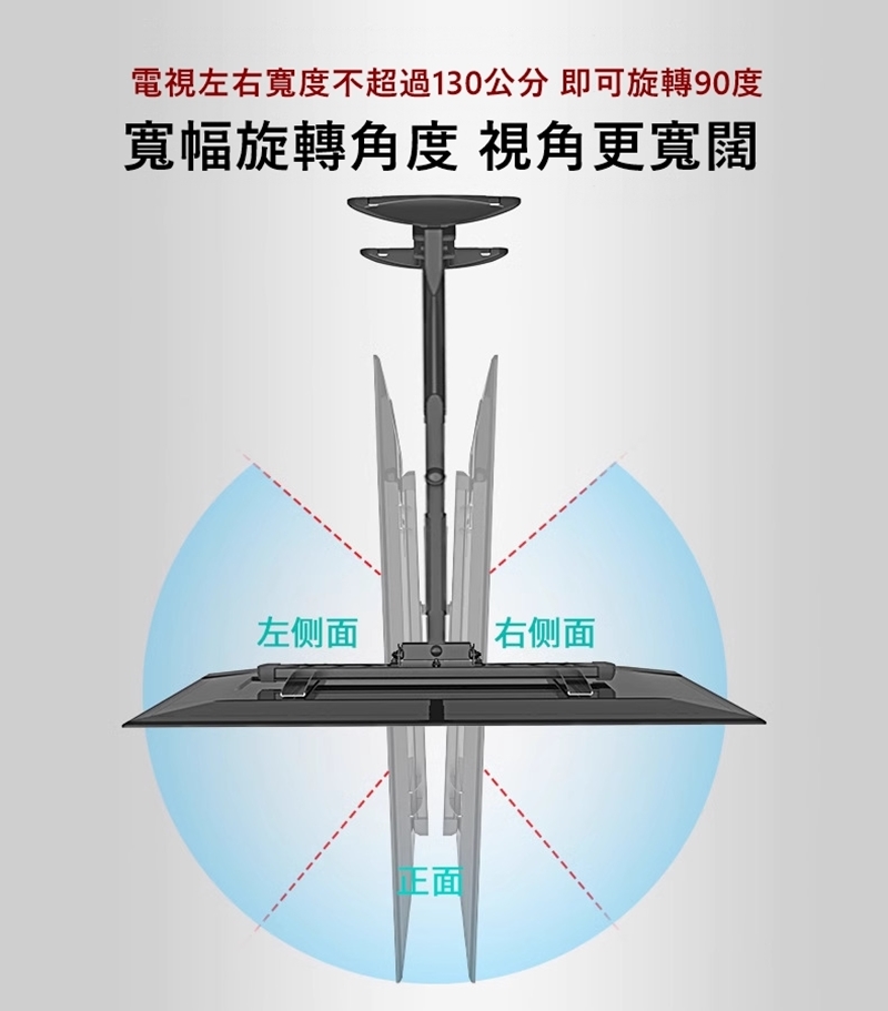 電視左右寬度不超過130公分 即可旋轉90度 寬幅旋轉角度 視角更寬闊 左侧面 正面 右侧面 