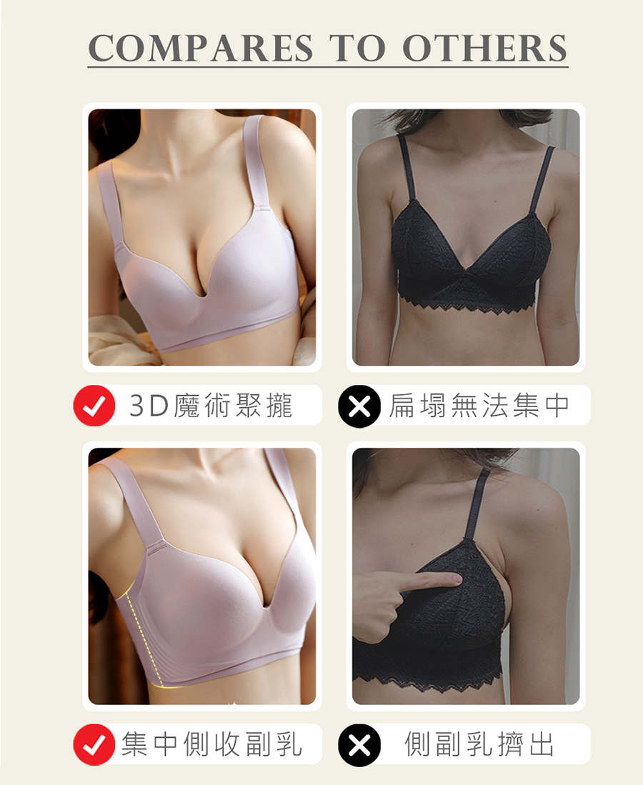 3D魔術聚攏 X扁塌無法集中 V 集中側收副乳 X 側副乳擠出 