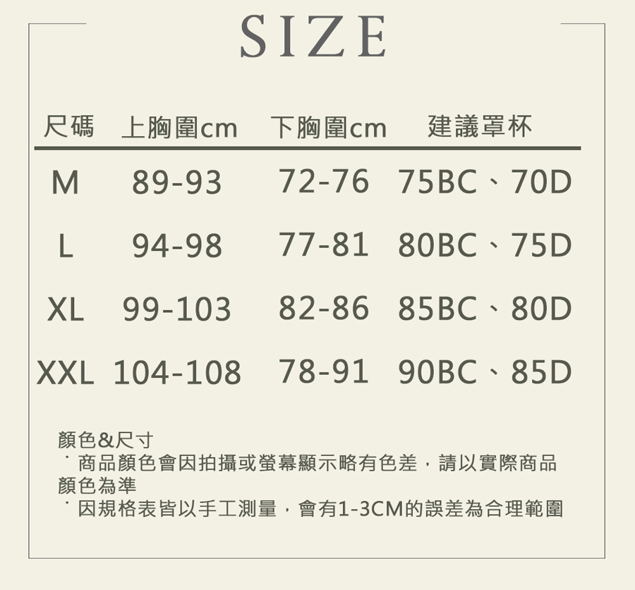 尺碼 上胸圍cm 下胸圍cm 建議罩杯 顏色尺寸 商品顏色會因拍攝或螢幕顯示略有色差,請以實際商品 顏色為準 因規格表皆以手工測量,會有13CM的誤差為合理範圍 