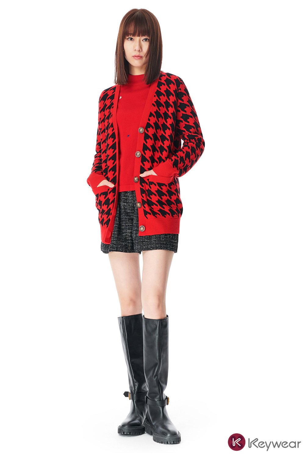 KeyWear 奇威名品 時尚千鳥格羊毛外套(紅色)優惠推薦