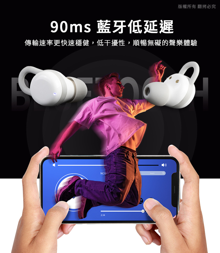 90ms 藍牙低延遲 傳輸速率更快速穩健,低干擾性,順暢無礙的聲樂體驗 版權所有 翻拷必究
