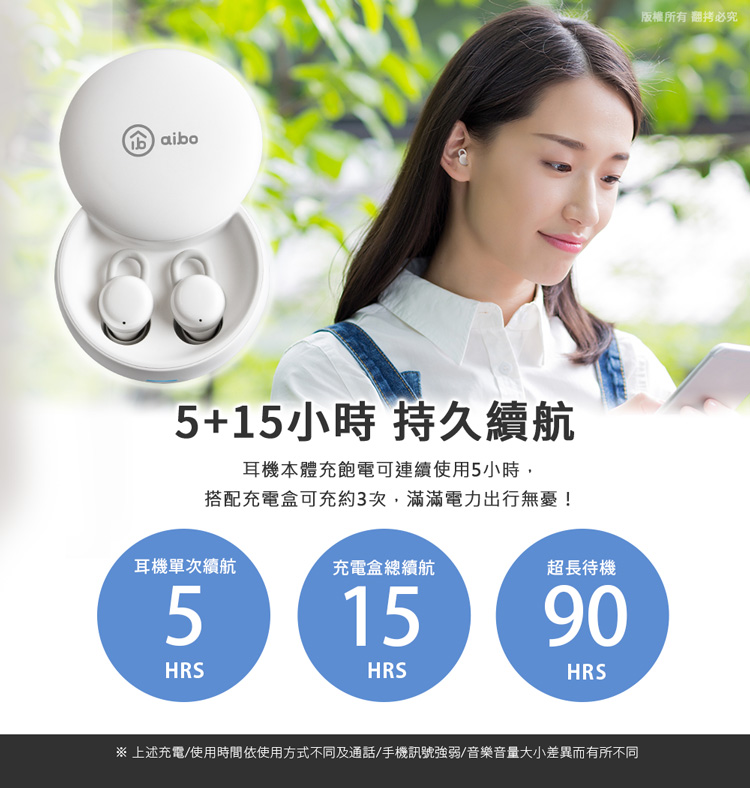 上述充電使用時間依使用方式不同及通話手機訊號強弱音樂音量大小差異而有所不同