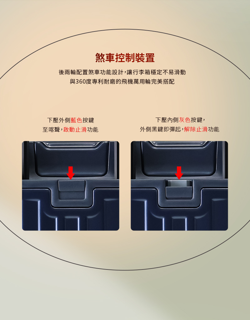 後兩輪配置煞車功能設計,讓行李箱穩定不易滑動