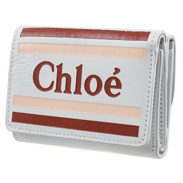 Chloe’ 蔻依 品牌英文LOGO條紋小牛皮三折小零錢短夾
