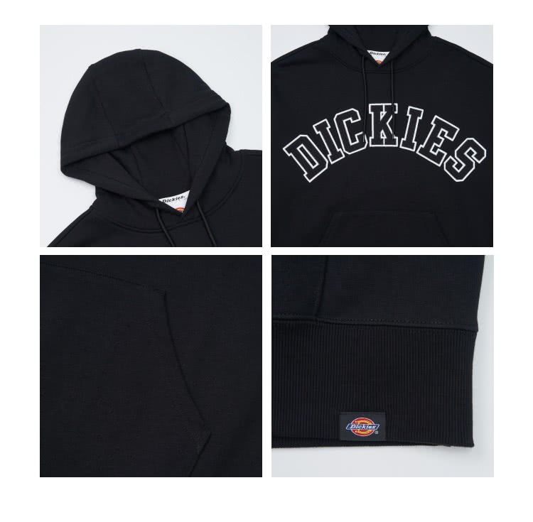 Dickies 男款黑色胸前品牌刺繡字母寬鬆連帽大學T｜DK