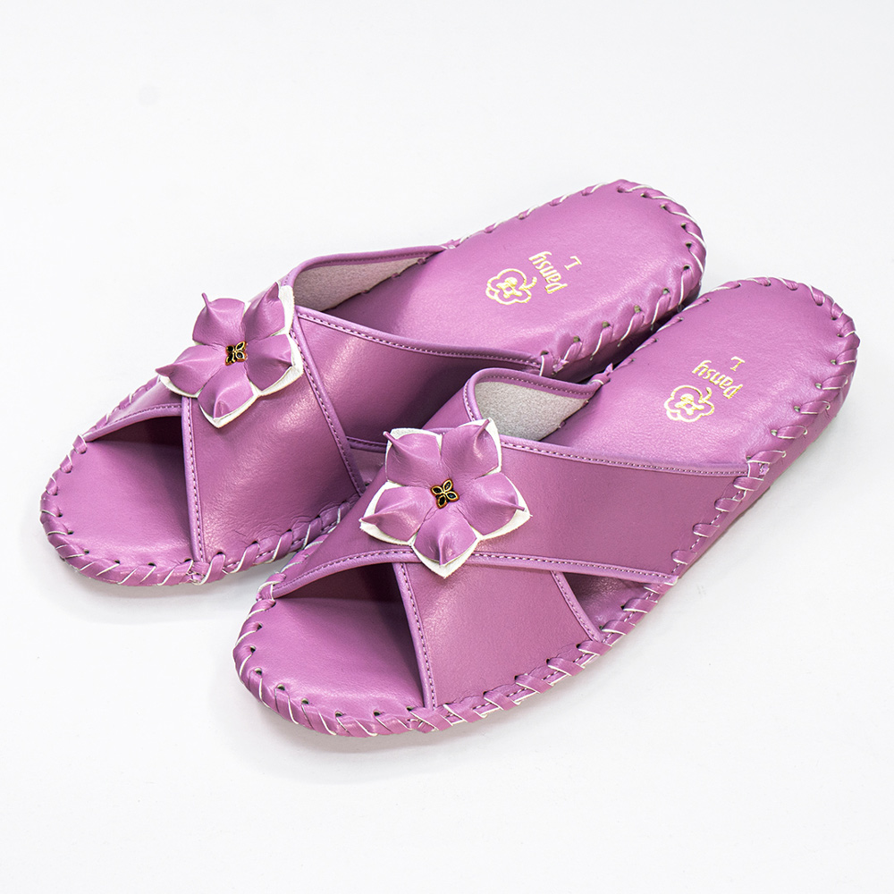 PANSY 花朵款 女士手工防滑舒適柔軟皮革室內拖鞋 桃色 