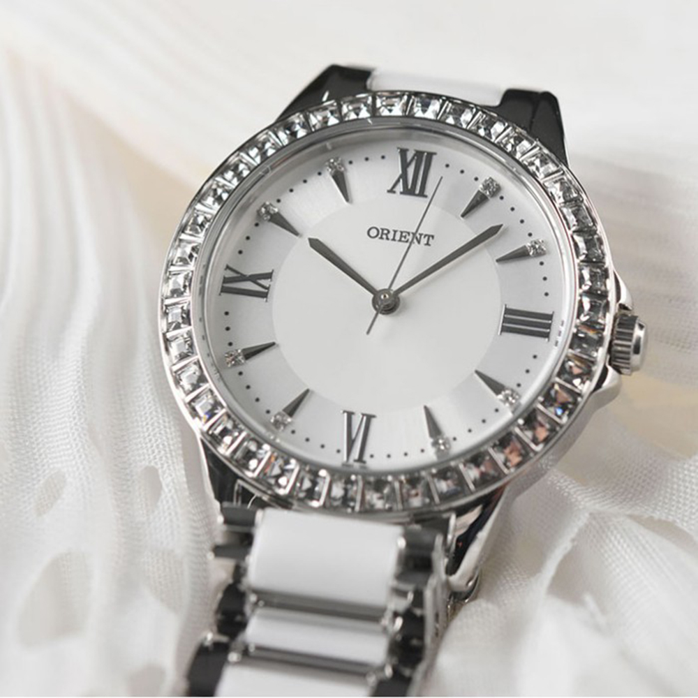 ORIENT 東方錶 時尚晶鑽羅馬數字石英女錶 陶瓷鋼帶款 