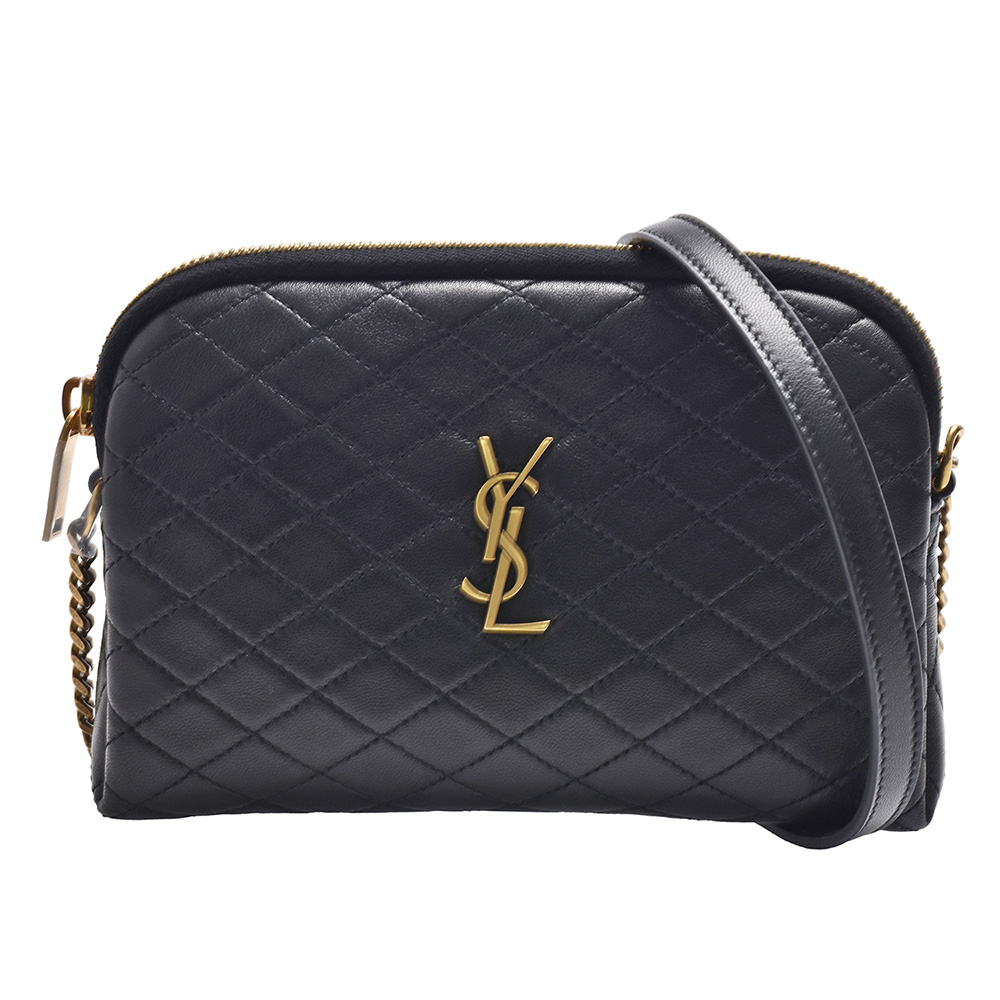 YSL 經典GABY系列菱格紋絎縫小羊皮金色金屬LOGO斜背