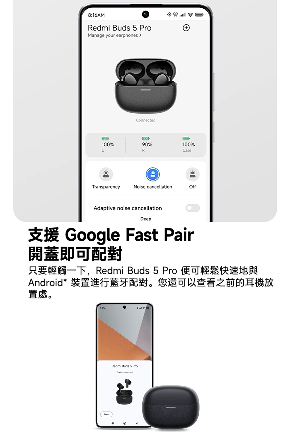 支援 Google Fast Pair 開蓋即可配對 只要輕觸一下,Redmi Buds 5 Pro 便可輕鬆快速地與 Android 裝置進行藍牙配對。您還可以查看之前的耳機放 置處。 