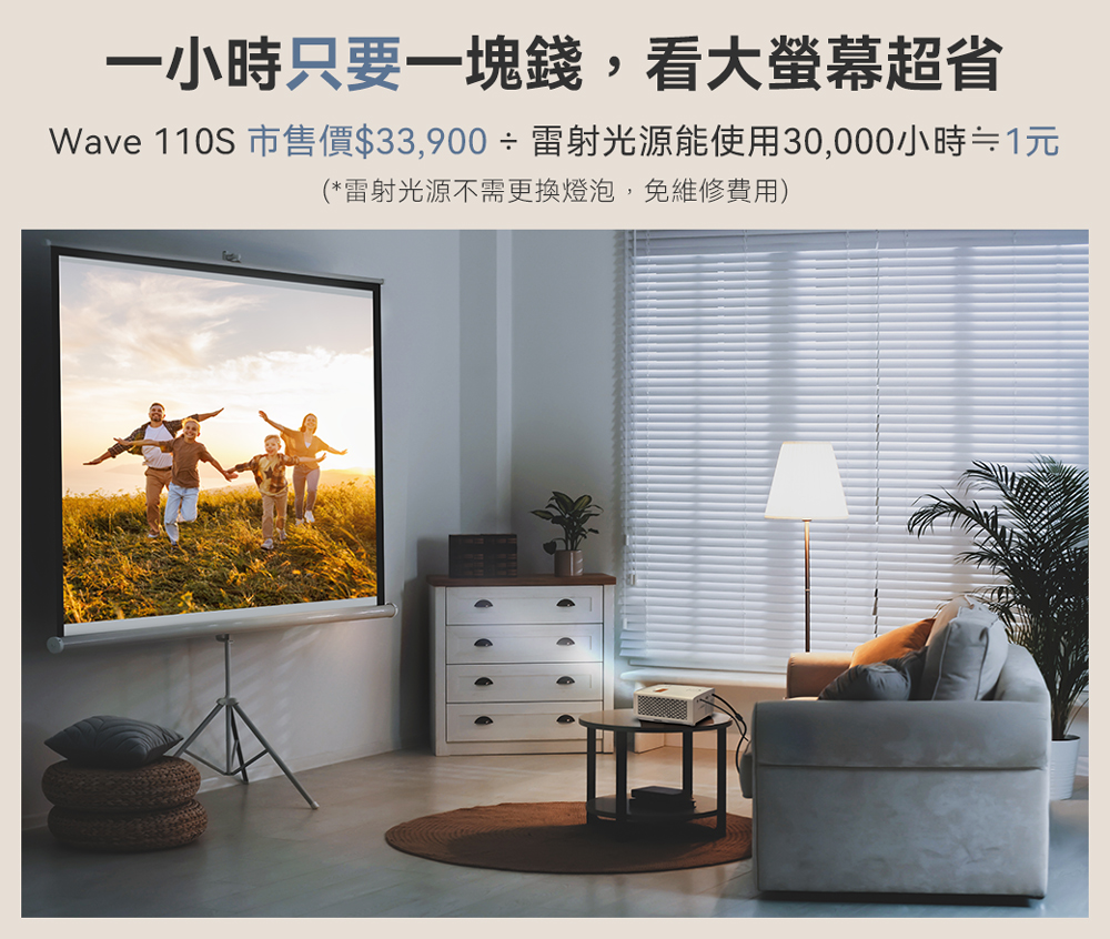 一小時只要一塊錢,看大螢幕超省 Wave 110S 市售價33,900  雷射光源能使用30,000小時1元 雷射光源不需更換燈泡,免維修費用 