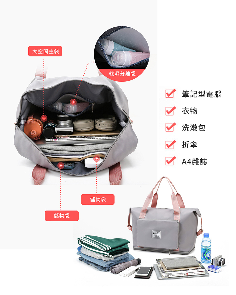 品納生活 大容量手提側背可折疊旅行袋(共四色) 推薦