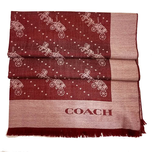 COACH 滿版馬車LOGO100%羊毛絲巾圍巾禮盒(楓紅)