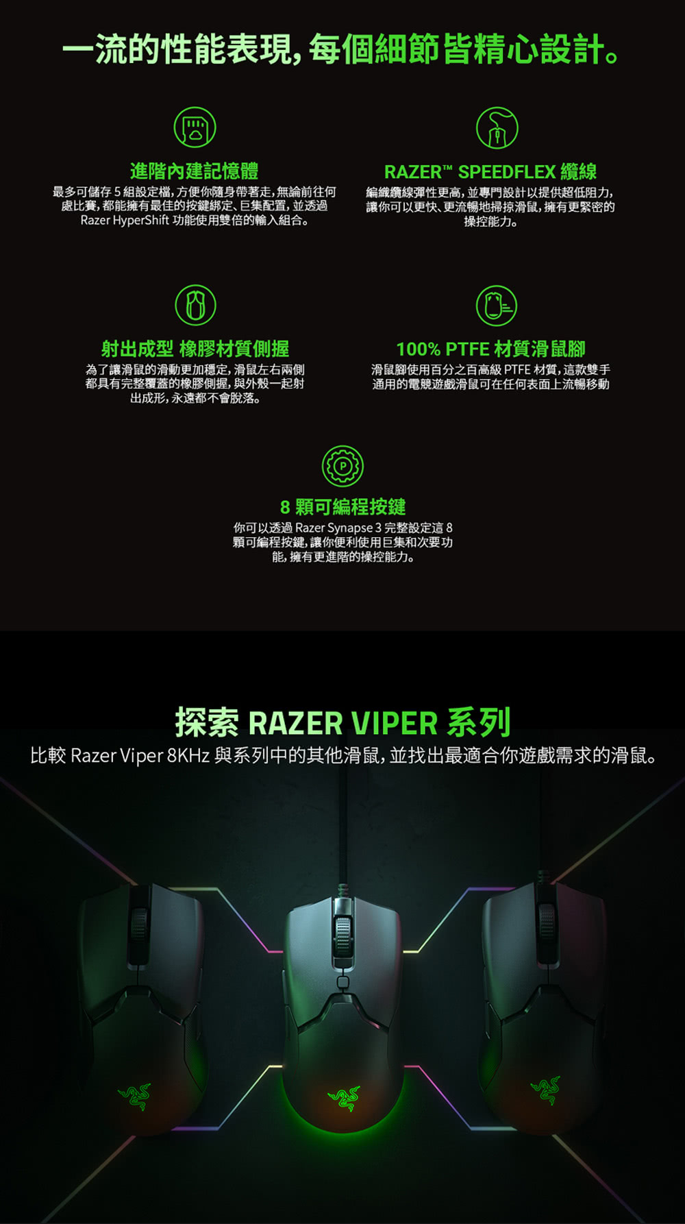 比較 Razer Viper 8KHz 與系列中的其他滑鼠,並找出最適合你遊戲需求的滑鼠。