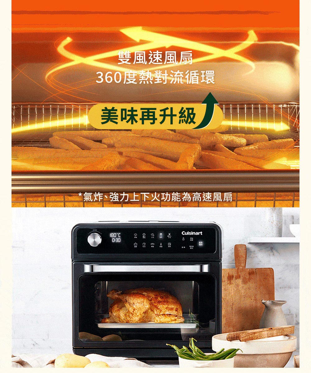 雙風速風扇 360度熱對流循環 美味再升級 氣炸、強力上下火功能為高速風扇 及 果