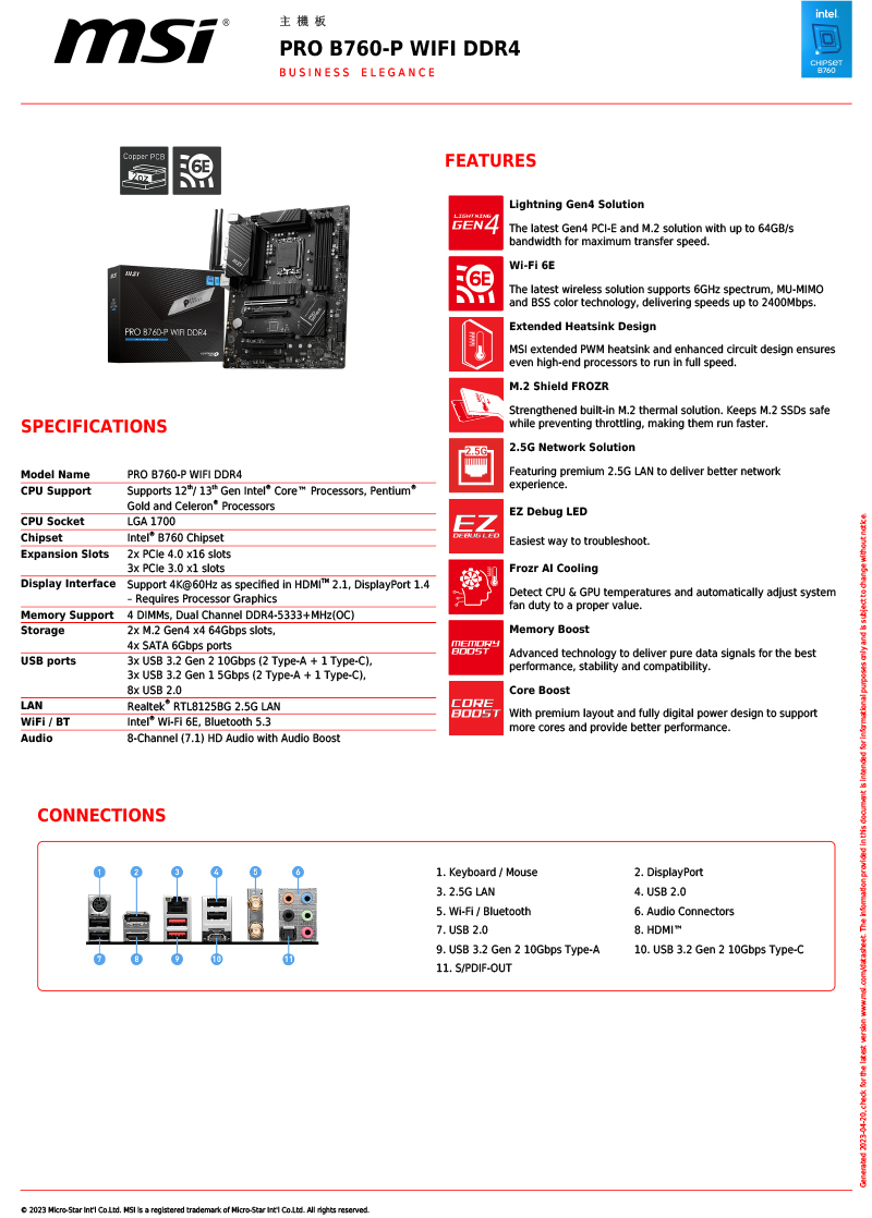 MSI 微星 PRO B760-P WIFI DDR4 主機