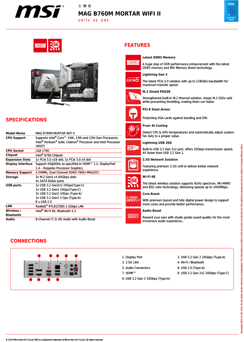 MSI 微星 MAG B760M MORTAR WIFI I